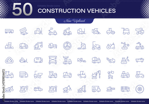 Construction Vehicles stroke icon. Construction Vehicles line icon set. editable stroke icon pack. Line, Thin, Linear Style Icon Bundle. Fully Customizable Excavator, Bulldozer, Crane, Loader, Dumptru