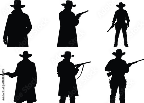 Cowboy silhouette, western gunslinger, vintage outlaw, wild west shooter, pistol fighter, rifle marksman, frontier sheriff, desert ranger, classic western hero, cinematic cowboy
