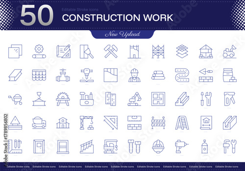 Construction work stroke icon. Construction work line icon set. editable stroke icon pack. Line, Thin, Linear Style Icon Bundle. Fully Customizable Building, Excavation, Concrete, Scaffolding