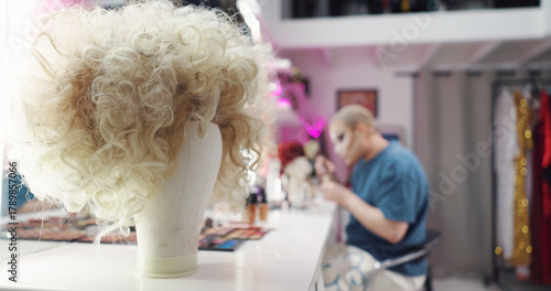 Canvastavla Wig, creativity and drag artist in dressing room with application for production, cabaret or show
