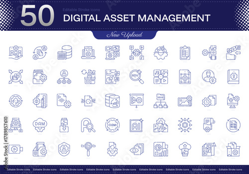 Digital Asset Management stroke icon. Digital Asset Management line icon set. editable stroke icon pack. Line, Thin, Linear Style Icon Bundle. Fully Customizable organization, metadata, storage, retr