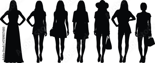 Fashion silhouette, stylish women, dress illustration, handbag accessory, modern outfit, trendy clothing, elegant posture, hat style, character modeling, lifestyle design