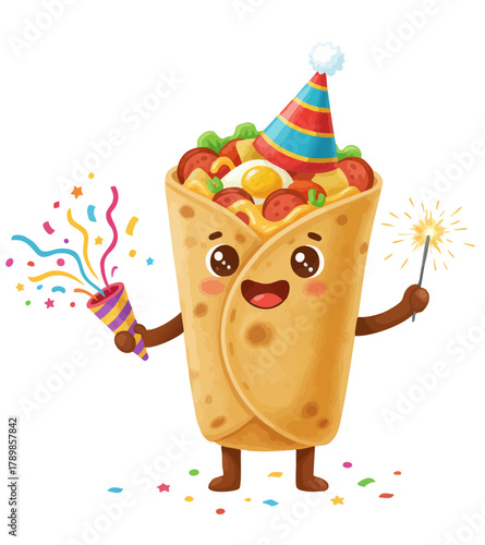 Party burrito mascot with confetti and sparkler. Cute breakfast burrito celebrating. Happy food cartoon with party hat. Mexican food birthday celebration. Vector kawaii burrito character illustration