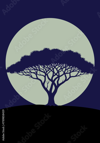 Striking Stylized Silhouette of a Serene African Acacia Tree Against a Glowing Full Moon in a Minimalist Night Landscape Vector Graphic Design