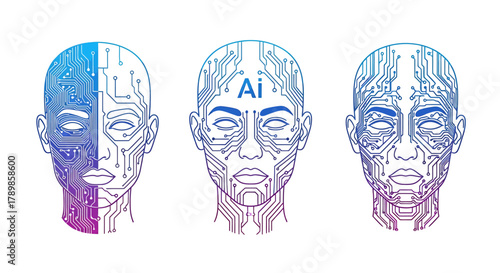 AI Circuit Board Faces Artificial Intelligence Conceptual Illustration