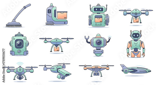 Robotics and futuristic technology icons including drones, robots, and advanced machinery