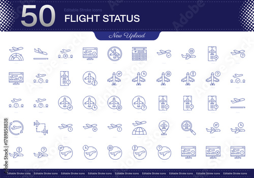 Flight Status stroke icon. Flight Status line icon set. editable stroke icon pack. Line, Thin, Linear Style Icon Bundle. Fully Customizable, Departure, Arrival, Delay, Cancellation, Gate