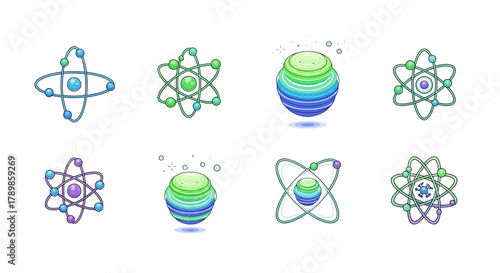 A vibrant collection of stylized science icons, featuring dynamic atomic structures and swirling planetary models for technology concepts