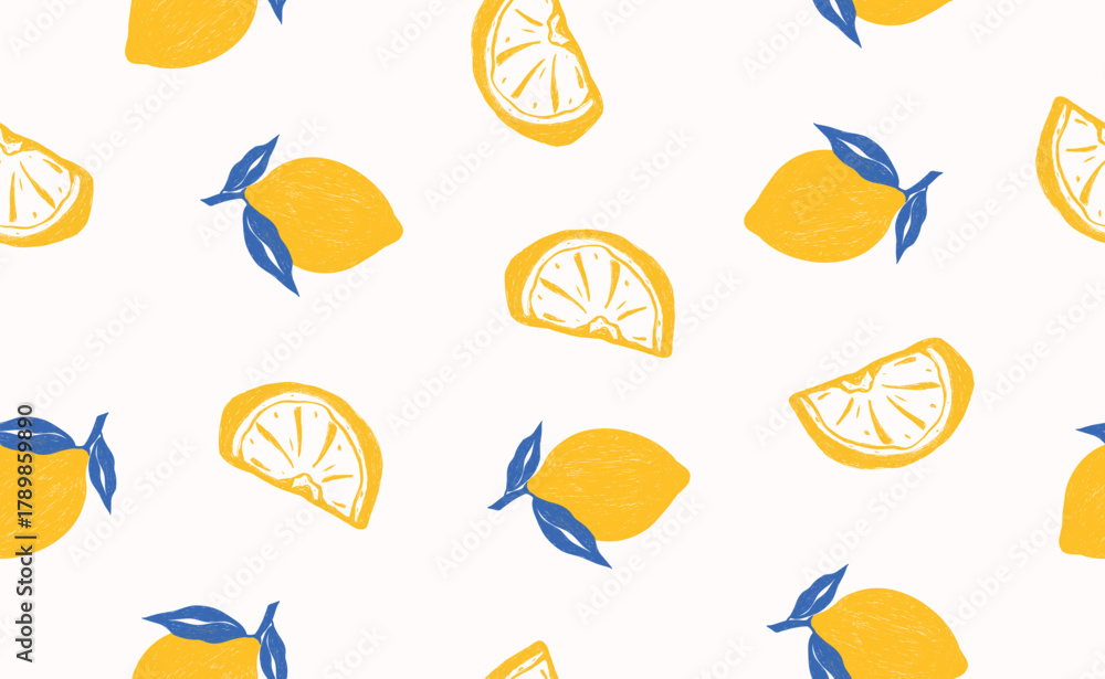 Obraz premium Whimsical hand drawn italian lemon seamless pattern. Blue, yellow summer print. Italy citrus floral sketch. Fruit background for wedding, packaging, fabric, wrapping paper. Trendy vector illustration.
