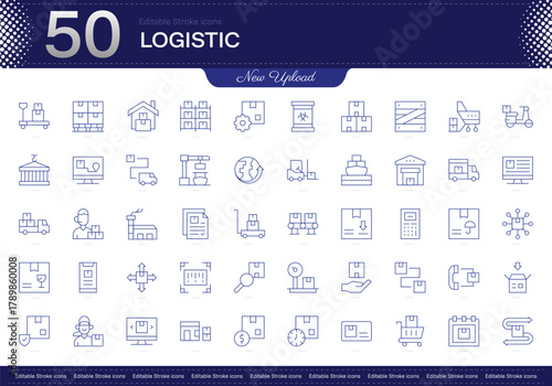 Logistic stroke icon. Logistic line icon set. Supply chain, transportation, distribution, inventory, warehousing. editable stroke icon pack. Line, Thin, Linear Style Icon Bundle. Fully Customizable.