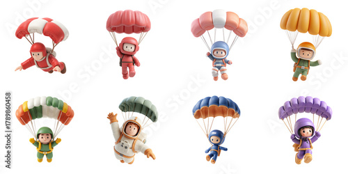 Cute character skydiving png set collection in 3d transparent no background in freedom concept.