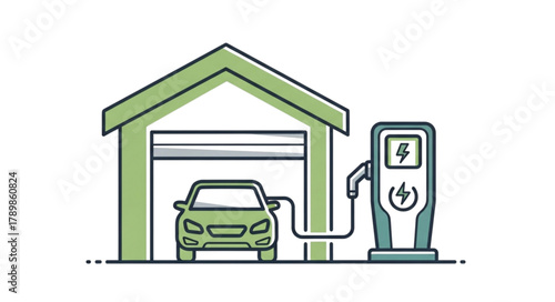 Modern electric car charging in garage illustration shows sustainable home power, clean energy, and eco conscious lifestyle with future technology
