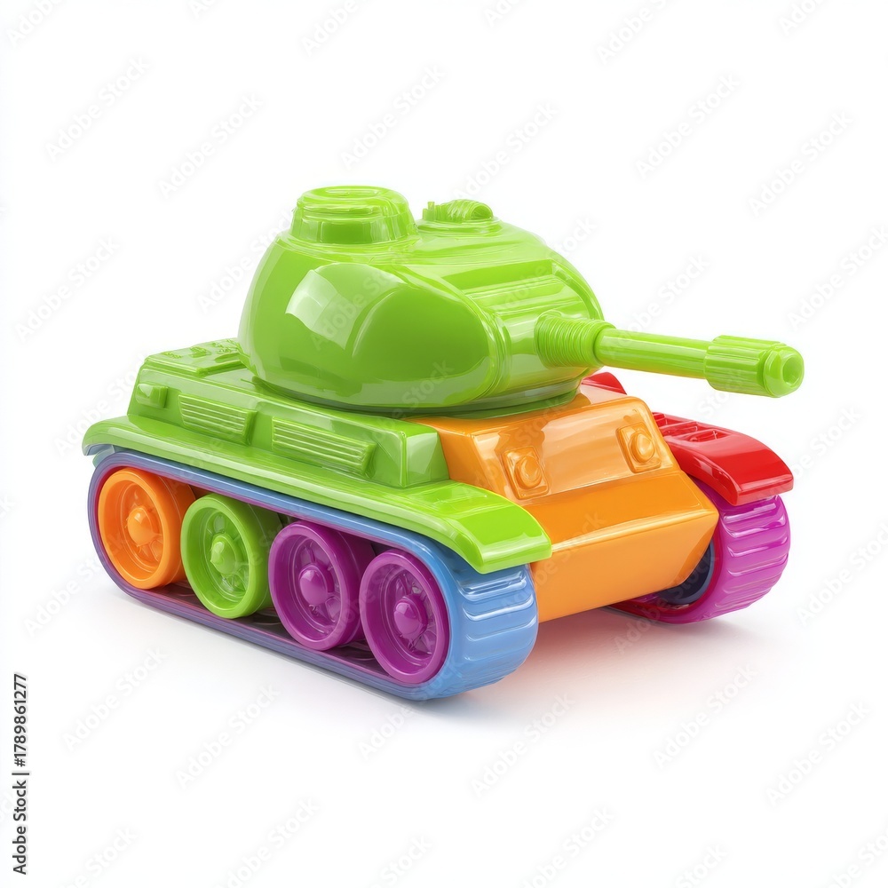 Fototapeta premium A colorful plastic toy tank with vibrant green, orange, purple, and blue sections, isolated on a white background.