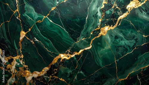 Dark realistic HD deep forest green marble features elegant gold and cream streaks, showcasing natural glossy textures, luxurious patterns, refined details, and sophisticated visual depth suitable for