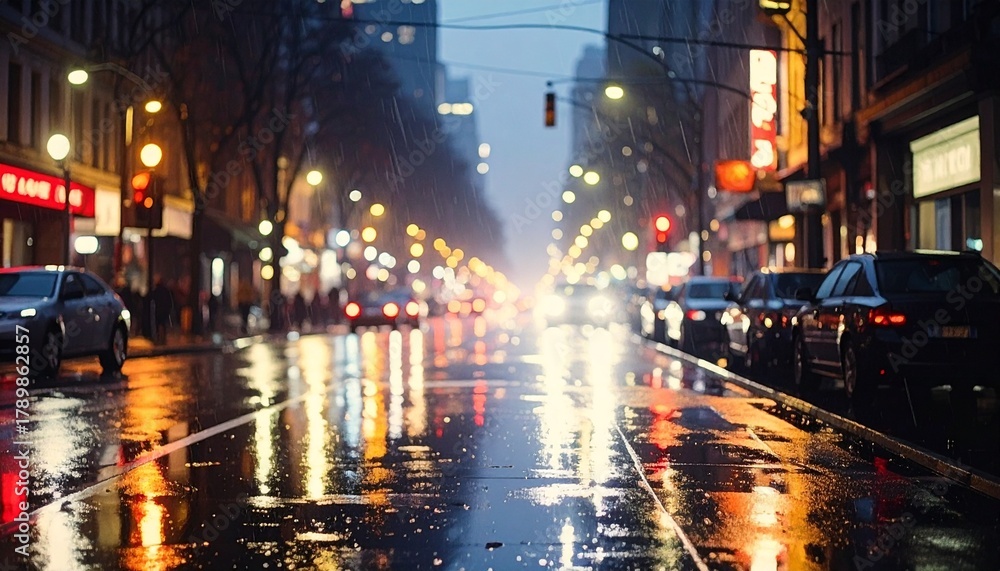 Fototapeta premium Dark, streetlights, wet, asphalt, rain, reflections, neon, blur, urban, night, moody, mysterious, glowing, puddles, shimmering, colors, city, empty, deserted, quiet, atmospheric, lights, mysterious, w