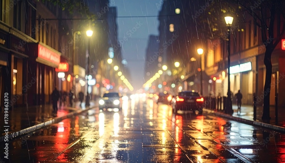 Fototapeta premium Dark, streetlights, wet, asphalt, rain, reflections, neon, blur, urban, night, moody, mysterious, glowing, puddles, shimmering, colors, city, empty, deserted, quiet, atmospheric, lights, mysterious, w