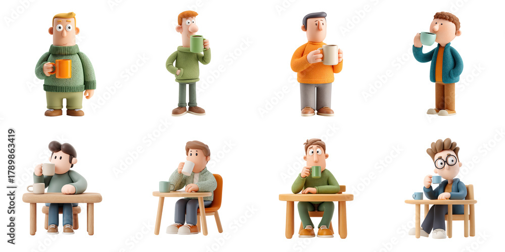 Fototapeta premium Claymation man drinking png isolated set in 3d transparent using for presentation.