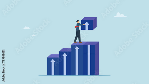 Businessman carry box with arrow to stack as stair to success. Business growth, career improvement or investment earning profit, personal development, growing business or leadership effort.