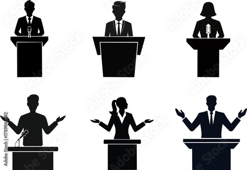 Silhouettes of speakers at podiums, depicting various postures and gestures associated with public speaking and presentations.
