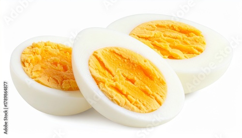 Three halves of hard-boiled eggs with bright yellow crumbly yolks and firm white egg whites, arranged on a white surface to highlight texture and nutritional simplicity.