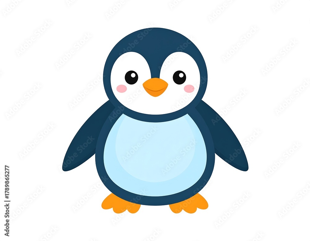 Obraz premium A cartoon-style illustration of a small, friendly penguin. It has a blue and white body, an orange beak and feet, and big, expressive eyes