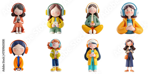 Cute character with headphone and music player die cut no bg png for freetime decoration purpose.