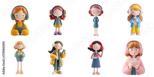 3d render character listen music white background png transparent hobby concept using for decoration.