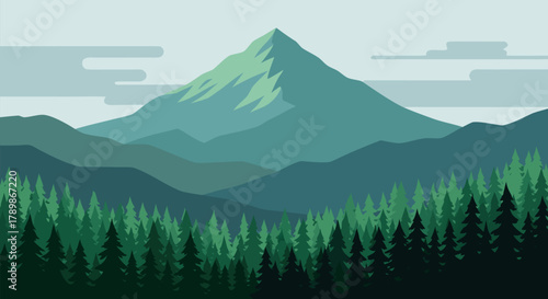 Beautiful natural landscape illustration featuring majestic green mountains and dense evergreen forest under a serene sky. A tranquil outdoor scene perfect for backgrounds