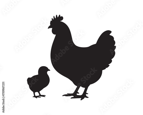 A silhouette illustration of a hen with baby chick vector