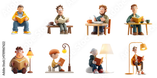 Set of cartoon character reading png mockup in 3d without background for decoration.