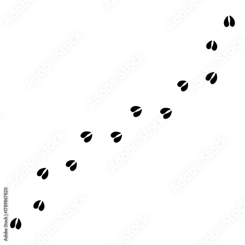 Simple trail of animal hoof prints. This black silhouette graphic shows the curved walking path of an animal with cloven hooves, such as a deer, horse, goat, or pig