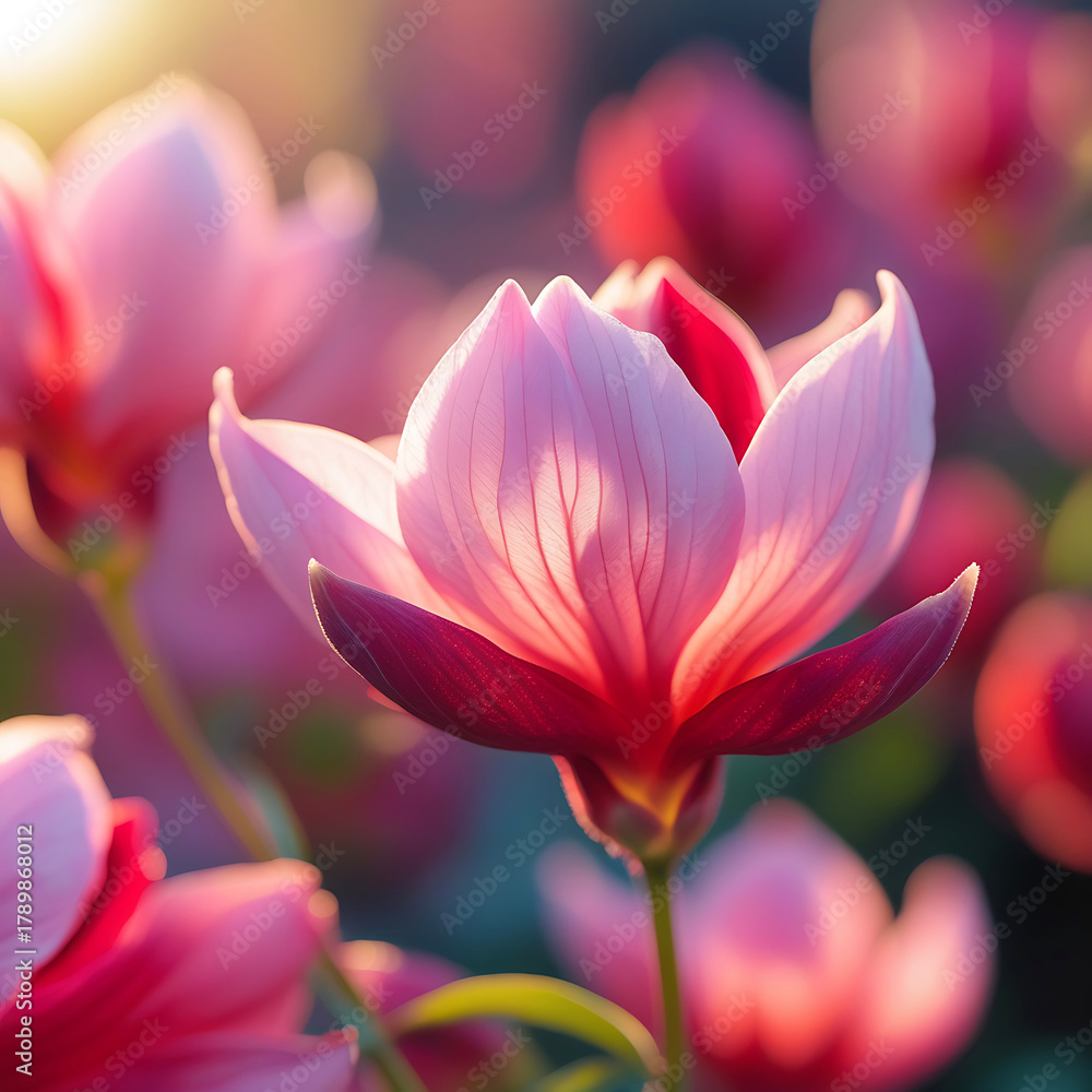 Fototapeta premium Sunlit Pink Magnolia Flower with Dark Green Foliage bloom blossom