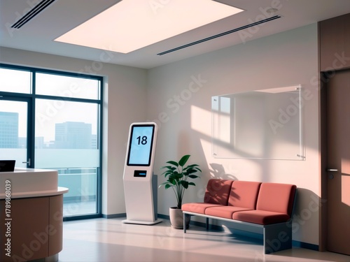Self service check in kiosk in a modern medical clinic or hospital waiting room.