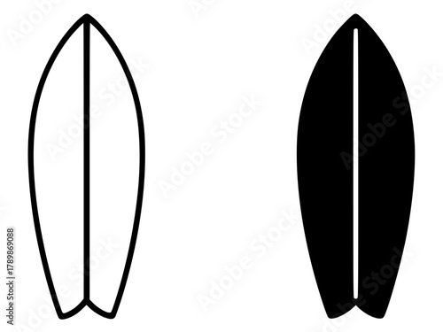 Minimalist icon, surfboard vector, black and white, outline and silhouette
