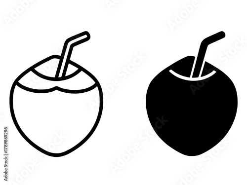 Minimalist icon, young coconut vector, black and white, outline and silhouette