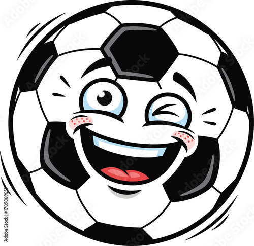 Smiling cartoon soccer ball character winking face, funny football illustration for kids sports design, vector emoji mascot isolated artwork