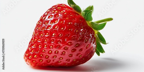 Realistic photo of a single ripe strawberry on a pure white backdrop, vibrant color contrast, detailed texture and seeds.