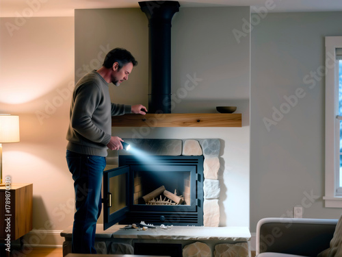 Man with flashlight inspects modern fireplace insert in a living room at home.