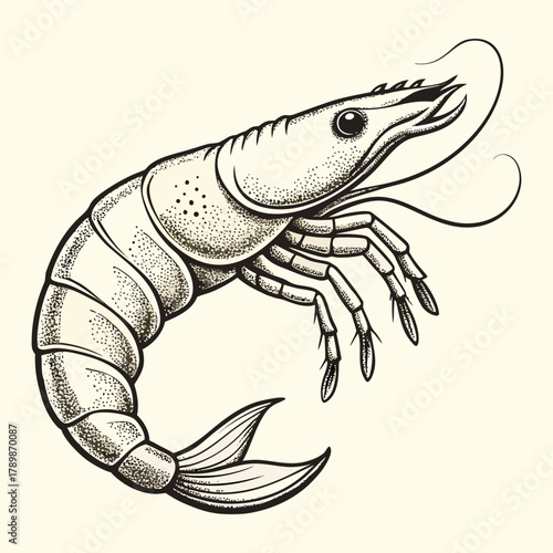 Vintage hand drawn shrimp illustration, detailed seafood sketch, black and white prawn engraving design.
