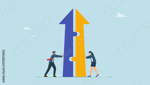 Business people push arrow jigsaw to join to success. Merger and Acquisitions, partnership or work together, success puzzle, growth solution or cooperation, support or progress challenge.