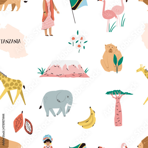 Tanzania and Zanzibar Seamless Patterns. Landmarks, Animals, and Famous Places