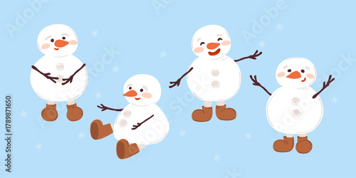 Cute snowman with different emotions. Adorable Christmas clipart collection. Winter holiday character vector illustration set on a blue background.