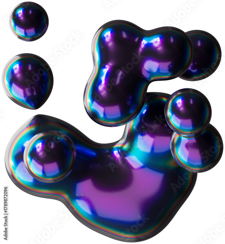 3d dark holographic liquid metaball shape, purple iridescent chrome fluid abstract form isolated. Render of geometric metal illustration