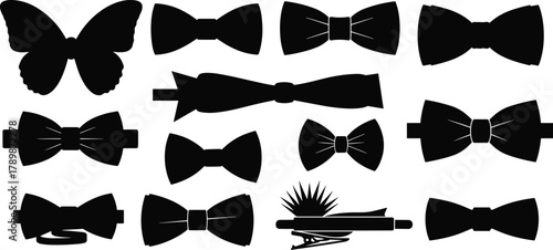 Collection of bow tie silhouettes vector illustration, elegant fashion accessories for men, classic formal neckwear design set isolated on white background