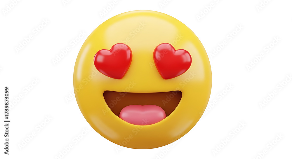 Fototapeta premium A 3D rendering of a yellow emoji face with red heart eyes and an open mouth, expressing love or adoration, isolated on a white background.