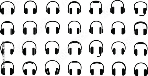 Collection of headphone and headset black silhouette vector illustration, modern audio device icons set isolated on white background for design and technology