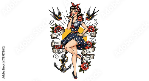 Vintage pin-up girl tattoo design with swallows, roses, anchor, and banners, in a classic retro style.