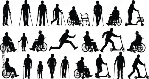 Disability support silhouettes, people using wheelchair, crutches, walking aids, scooter, rehabilitation mobility assistance, inclusive health concept, cad drawing flat vector illustration