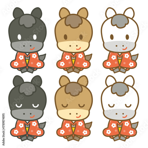 着物を着たかわいい馬の挨拶セット