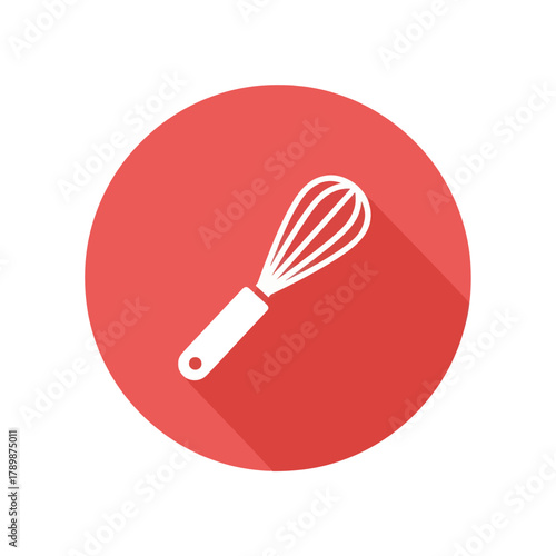 Simple flat icon of a white whisk with a long handle on a red circle background.